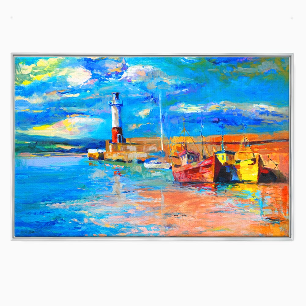 Tablou canvas cu tablou canvas cu far si barci, in rama de aluminiu argintiu